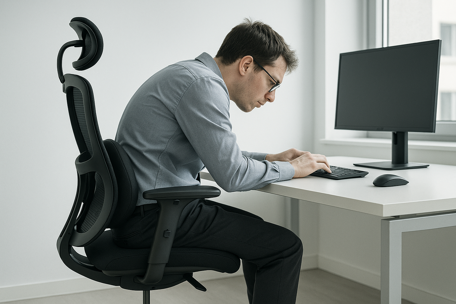 A modern ergonomic office chair with lumbar support in a corporate office setting. A person is slouched forward in the chair while working on a computer, showing that the chair alone cannot fix posture. Bright daylight from a window, clean and realistic office environment. Professional product photography with slight desaturation to keep tone clinical.