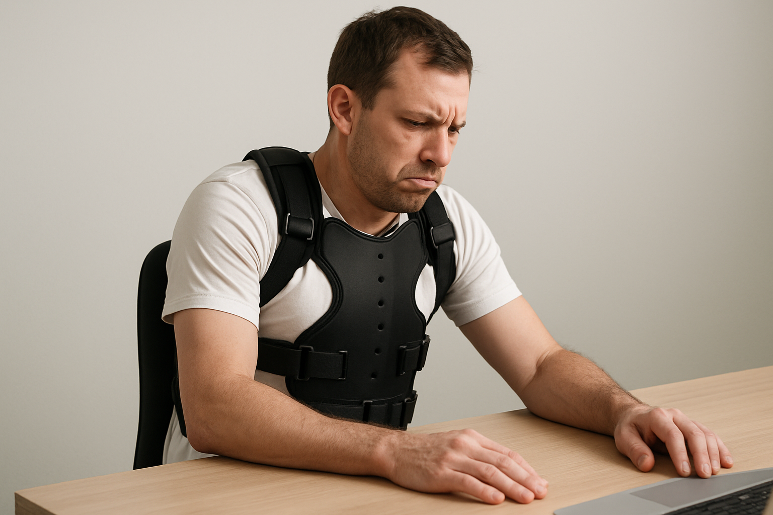 A realistic, high-resolution image of a person sitting at a desk wearing a rigid black posture brace over a white T-shirt. The person appears stiff and uncomfortable, slightly hunched despite the brace. Subtle lighting in a neutral, clinical background. The image should highlight the brace’s restrictive straps and lack of freedom of movement. Professional medical photography style.
