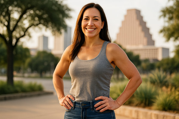 A realistic, high-resolution image of a woman in her mid-30s with long dark hair, wearing a casual tank top and jeans, standing outside in sunny Austin. She’s standing tall with good posture, hands resting on her hips, smiling naturally as if proud of her transformation. Warm sunlight, slight urban backdrop with Texas greenery, clean lifestyle photography style.