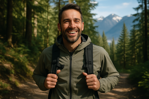A realistic, high-resolution outdoor image of an athletic man in his late 30s with short dark hair, light beard, wearing a lightweight hiking jacket and backpack. He’s standing on a forest trail with Vancouver’s mountains in the background, looking happy and relieved as if finally pain-free and mobile. Natural outdoor lighting, authentic lifestyle photography style.